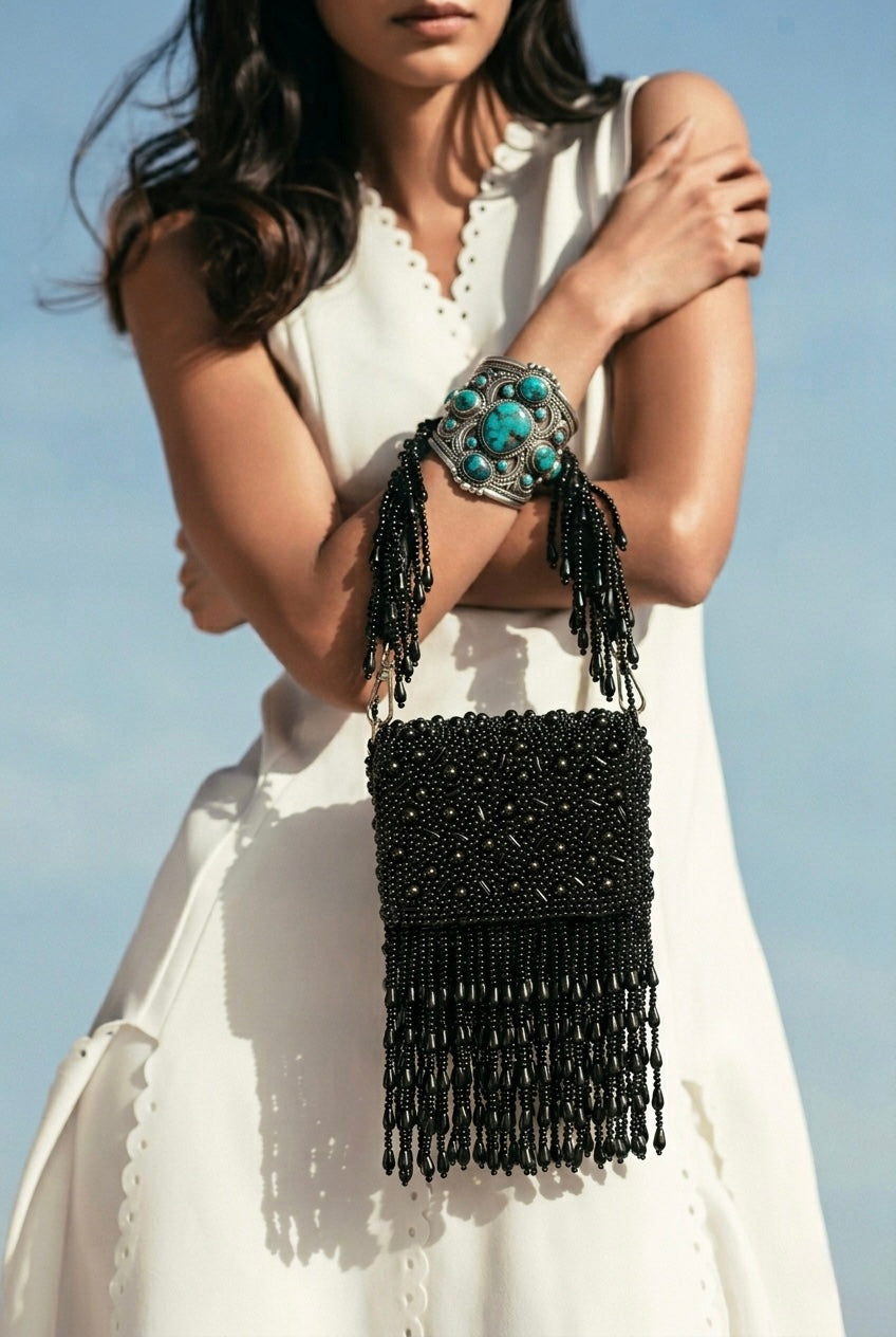 Noir Fringe Beaded Evening Bag