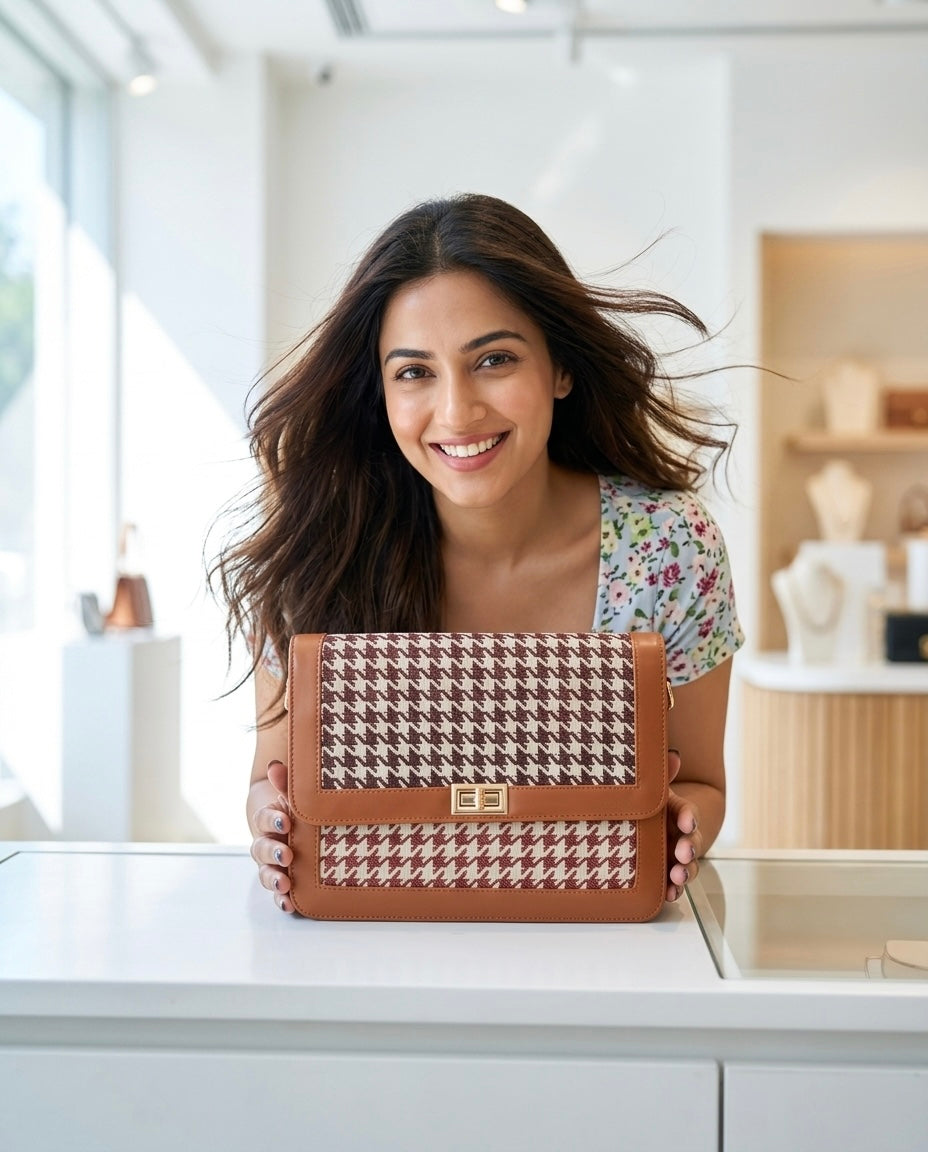 Brown Houndstooth Sling Bag