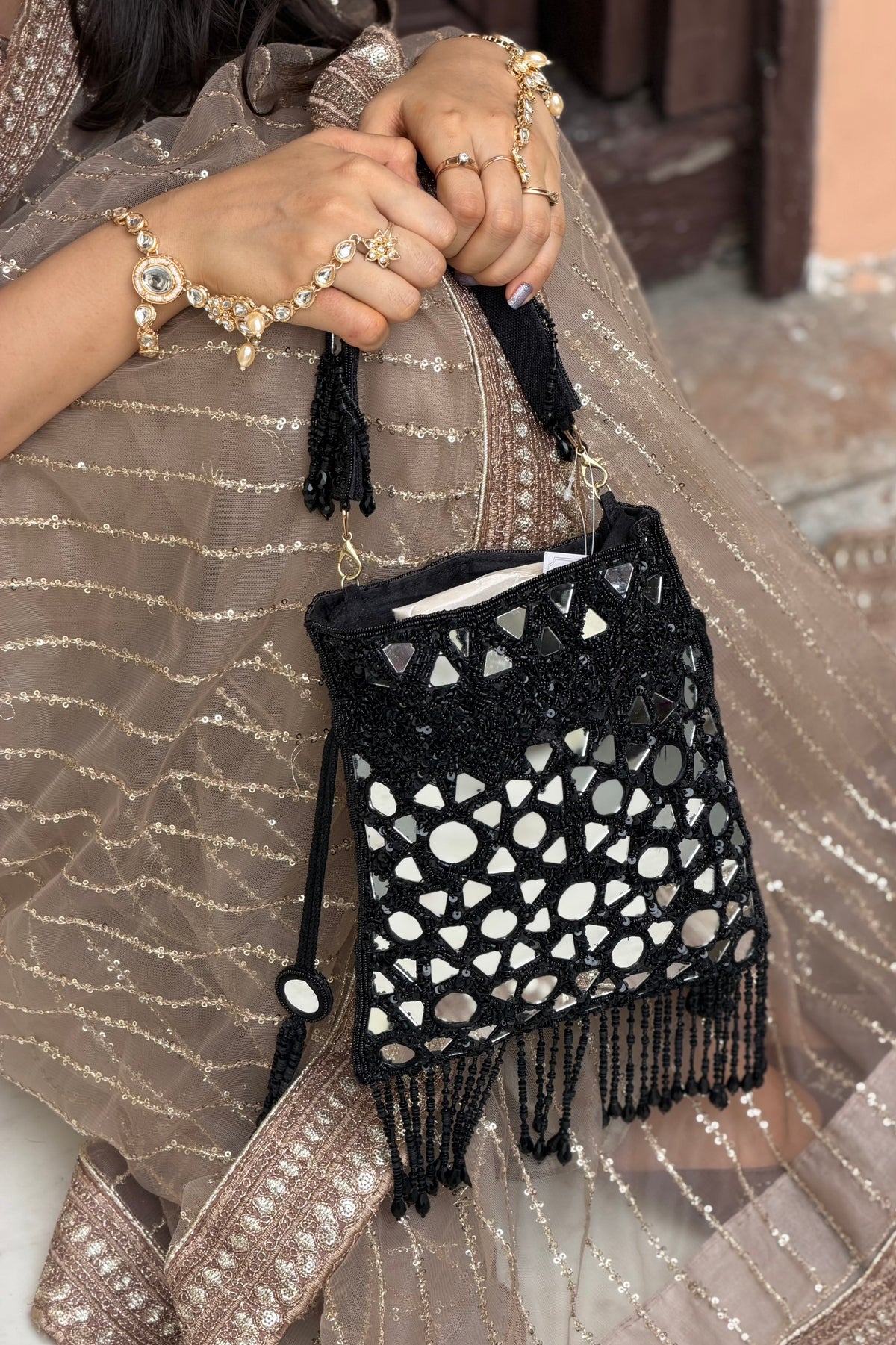 Black Mirror Fringe Potli Bag