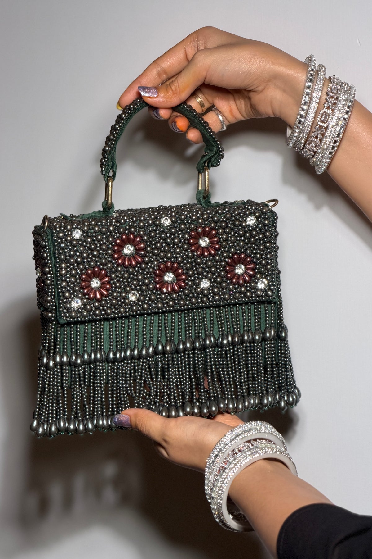 Emerald Bloom Pearls Beaded Bag