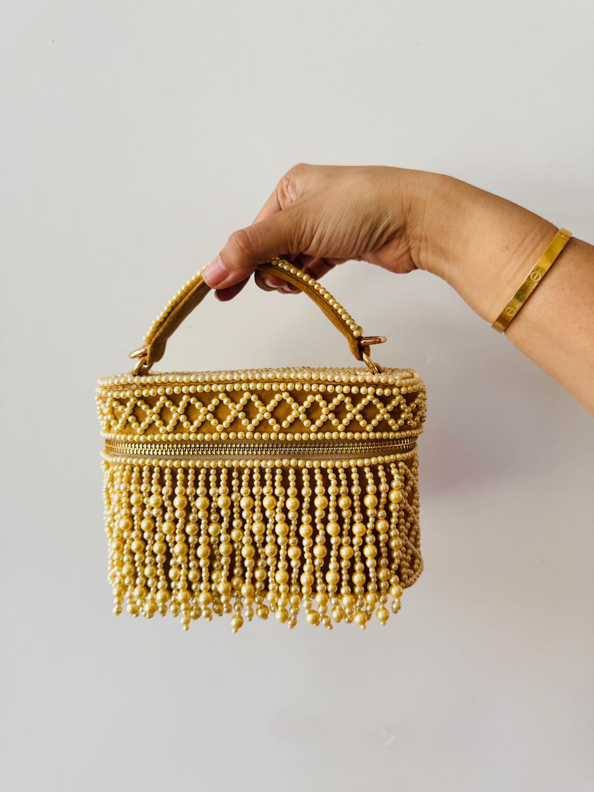 Pearl Fringe Vanity Bag, Antique Gold