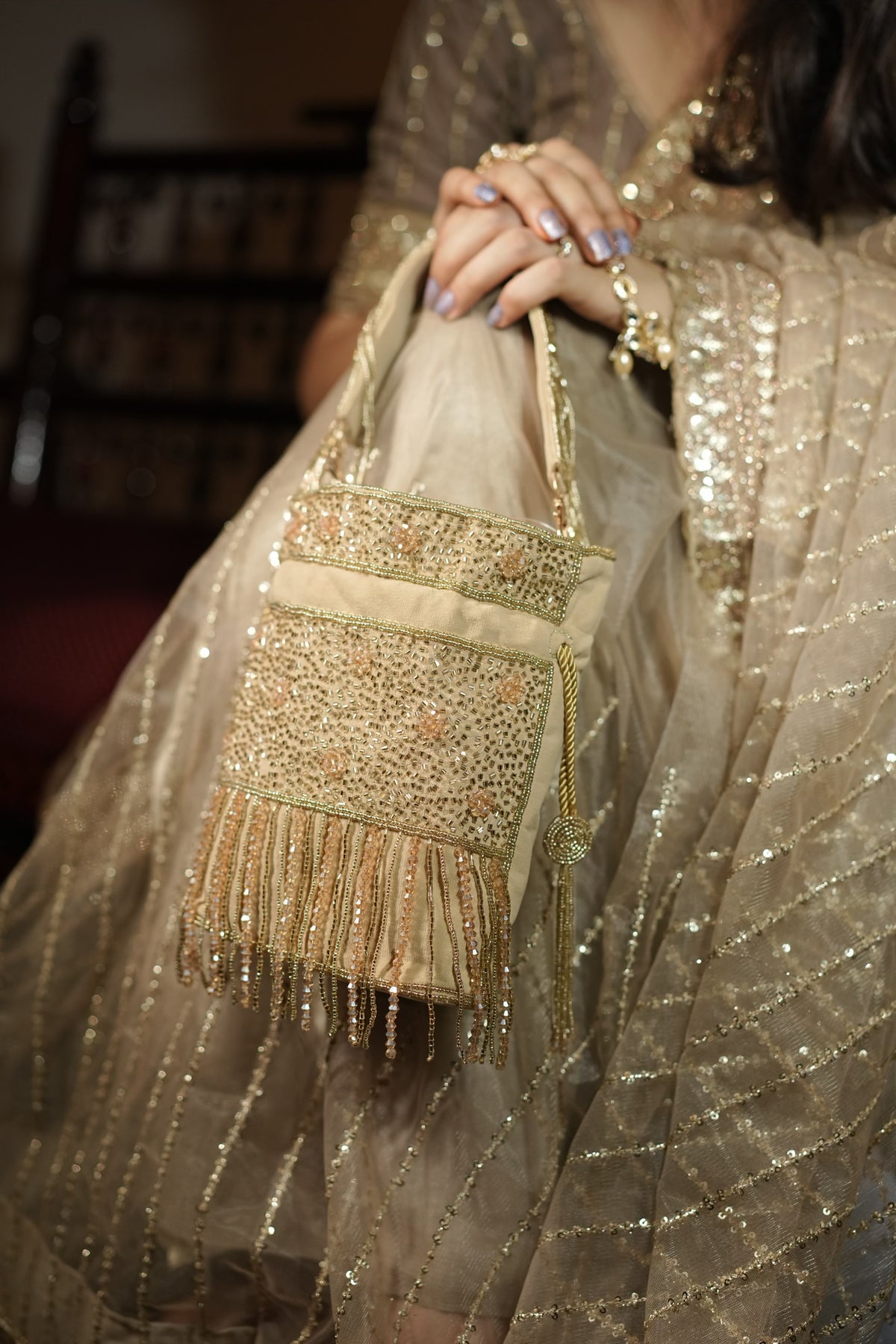 Zariya Gold Fringe Potli Bag