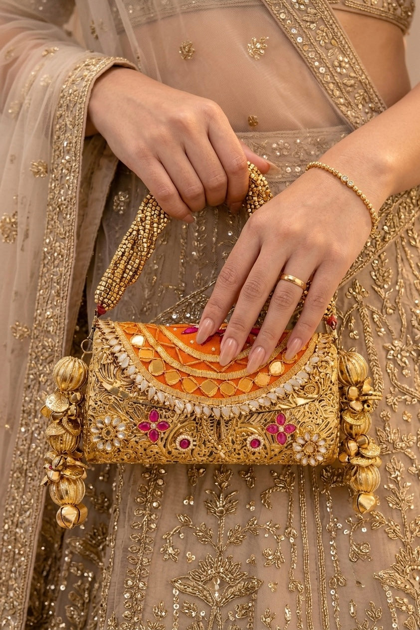 Gulnaar Metal Trunk Potli Clutch, Orange