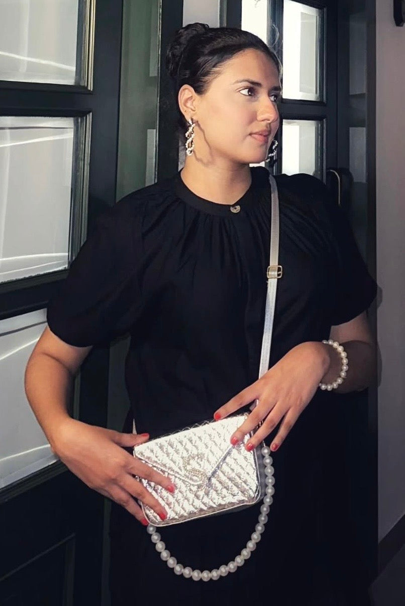 Pearl Luxe Silver Quilted Sling Bag
