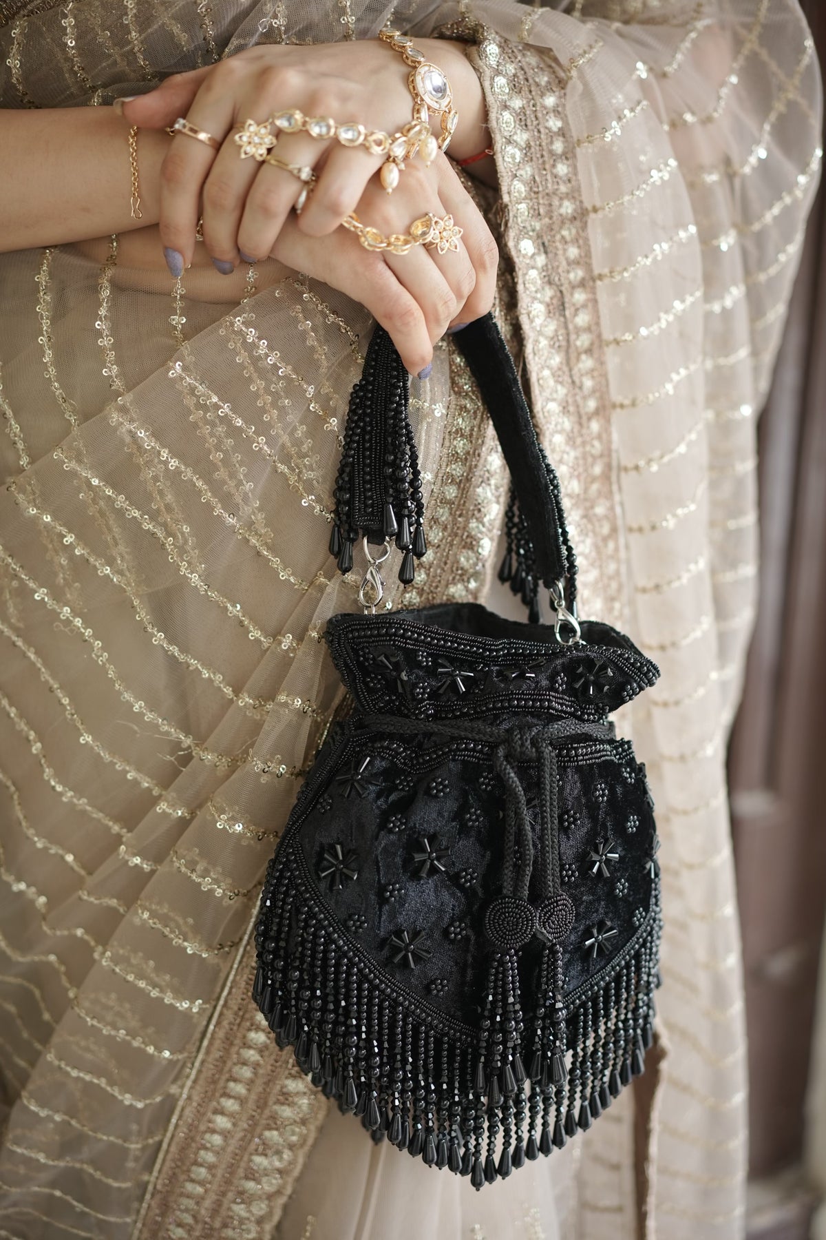 Midnight Black Pearl Velvet Potli Bag