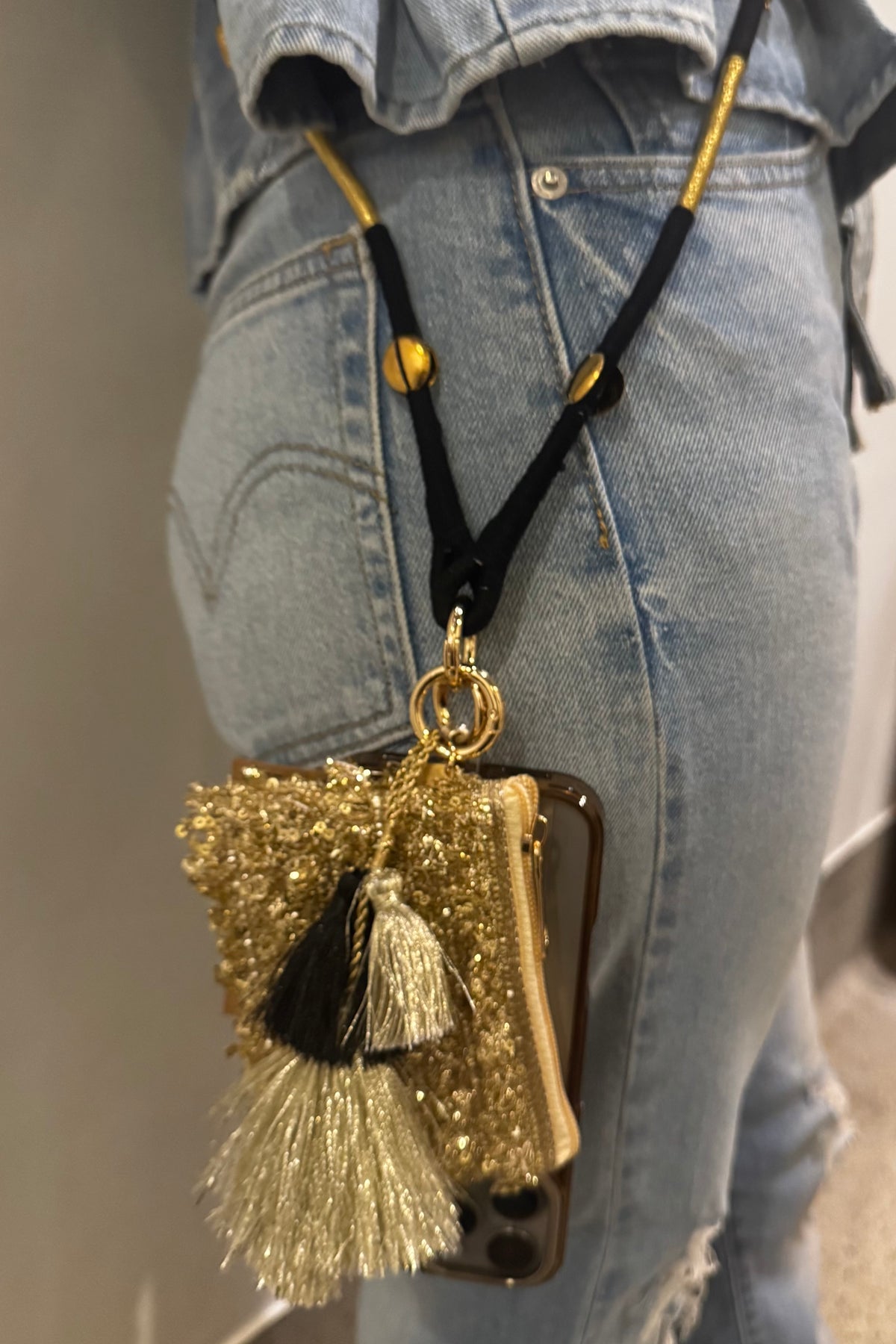 Luxe Tassel Black and Gold Phone Pouch+Sling