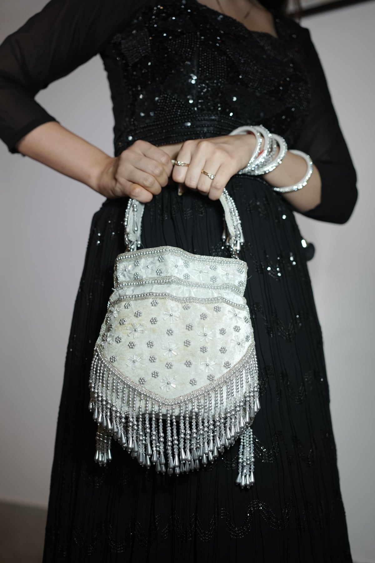 Silver Pearl Velvet Potli Bag
