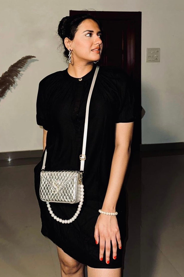 Pearl Luxe Silver Quilted Sling Bag