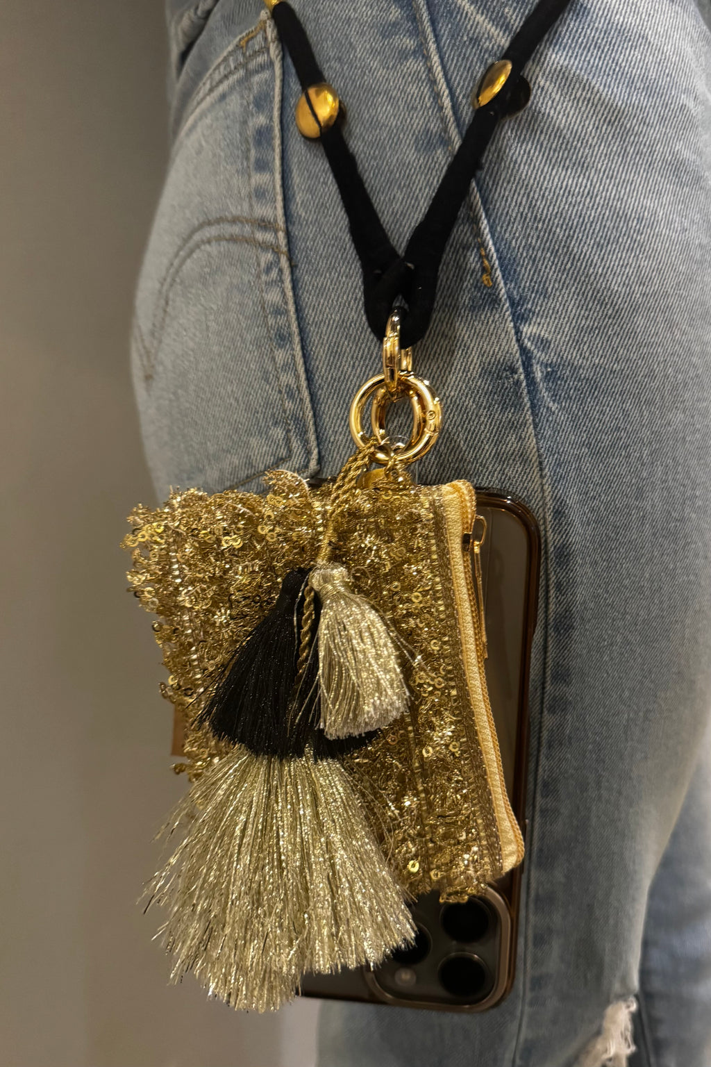 Luxe Tassel Black and Gold Phone Pouch+Sling