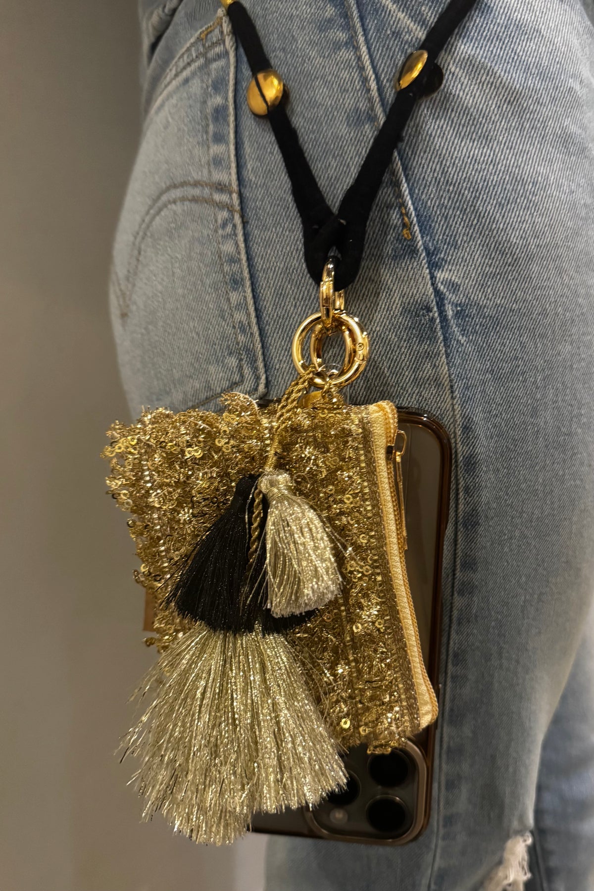 Luxe Tassel Black and Gold Phone Pouch+Sling
