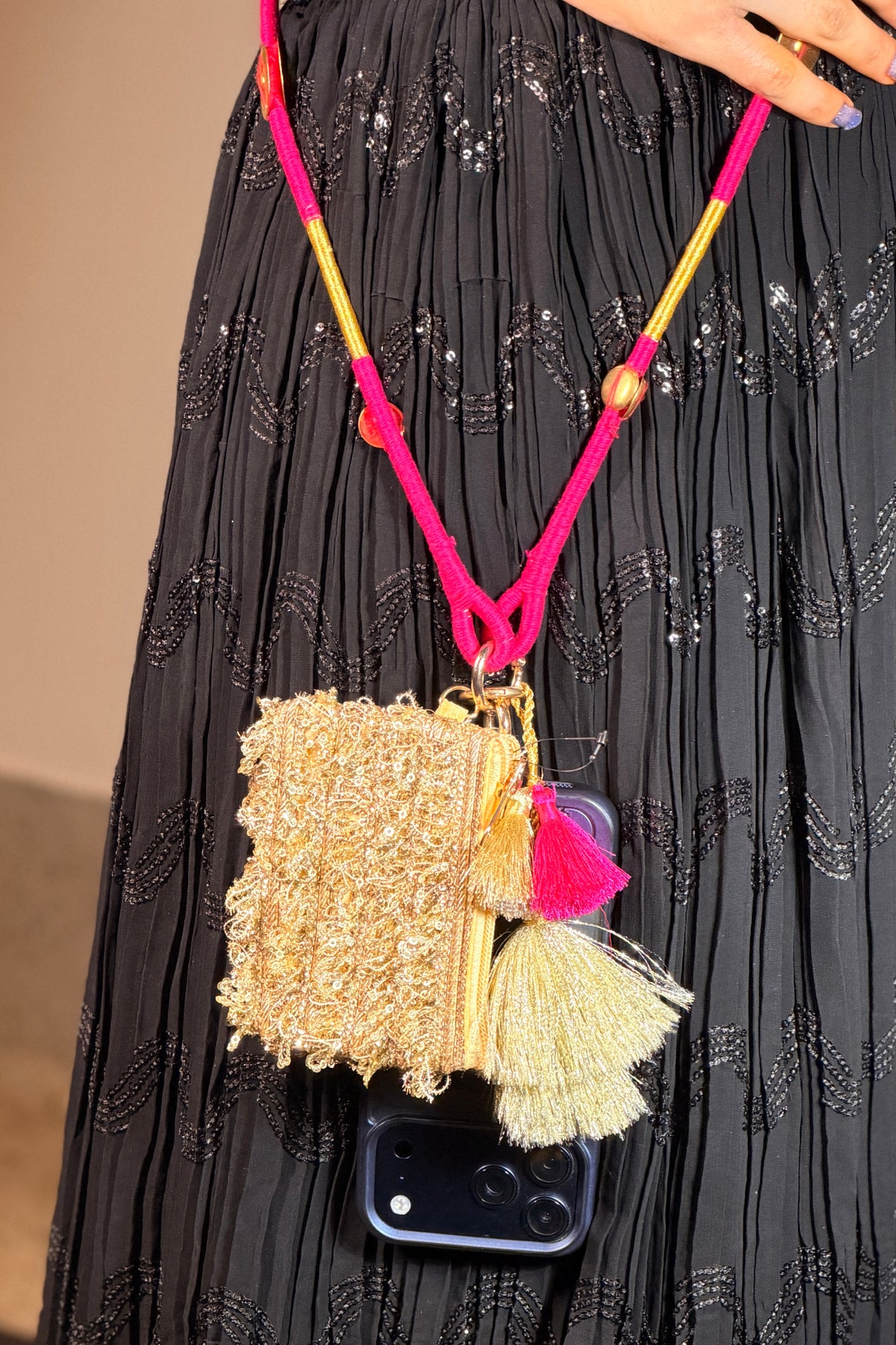 Luxe Tassel Pink and Gold Phone Pouch+Sling