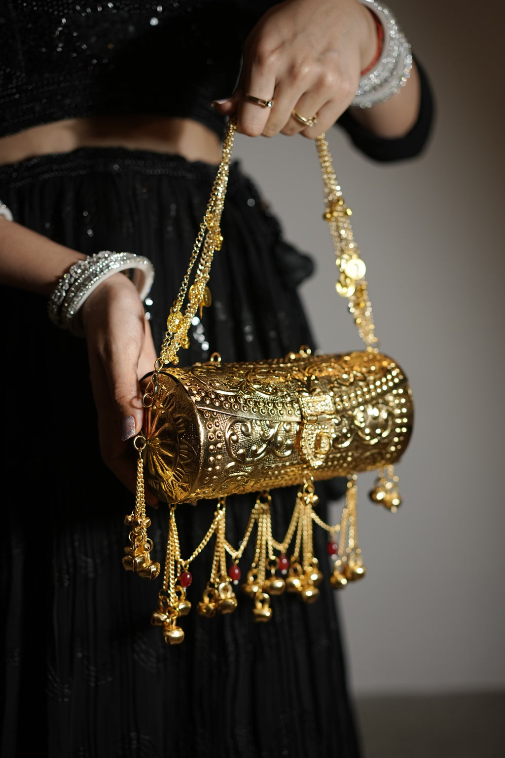 Aarohi Antique Gold Metal Trunk Clutch