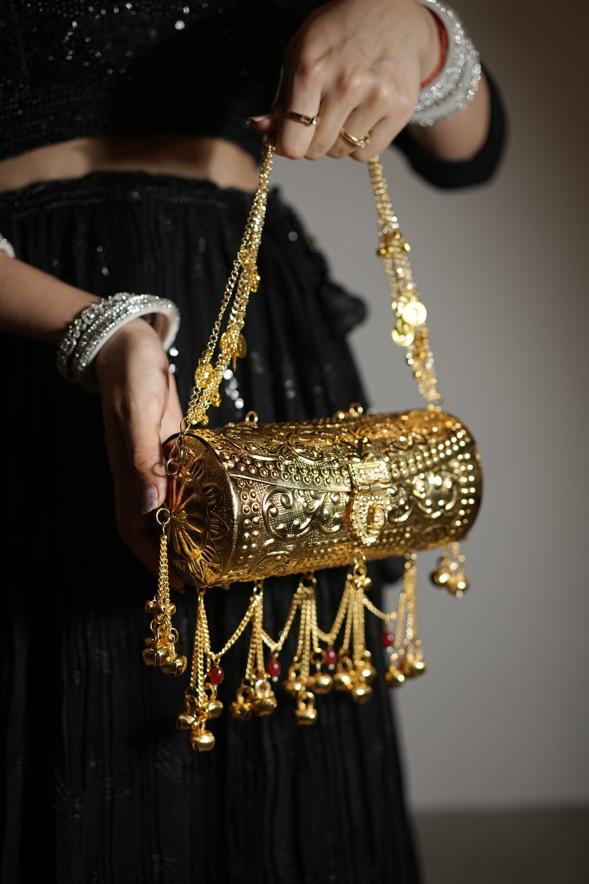 Aarohi Antique Gold Metal Trunk Clutch