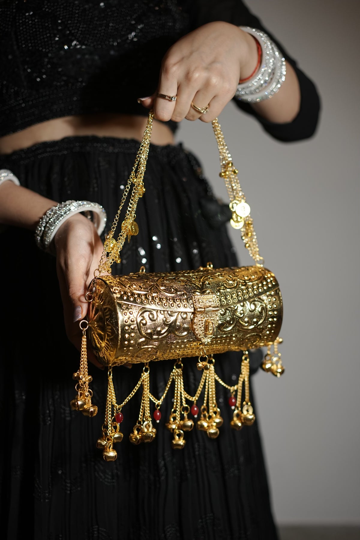 Aarohi Antique Gold Metal Trunk Clutch