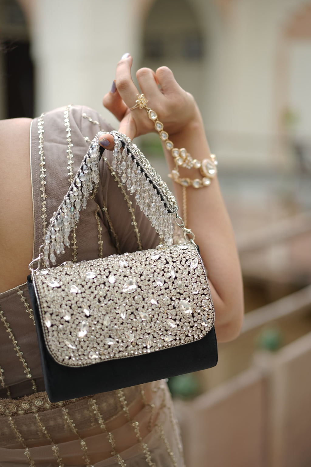 Crystal Cascade Black Clutch