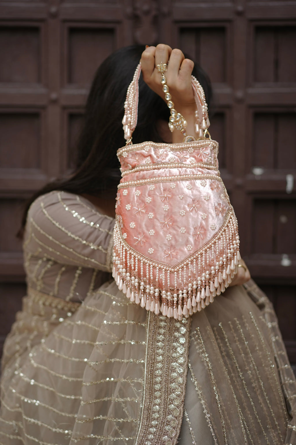 Blush Pink Pearl Velvet Potli Bag