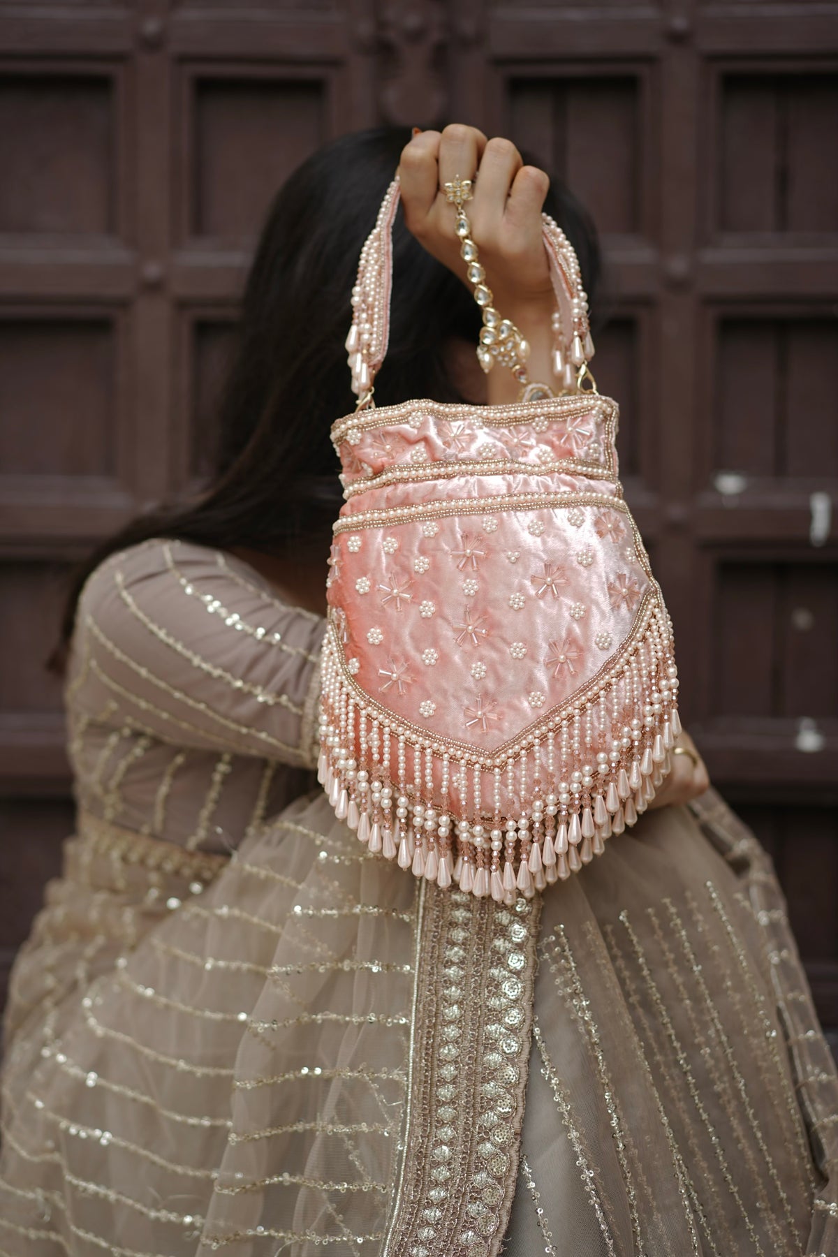 Blush Pink Pearl Velvet Potli Bag