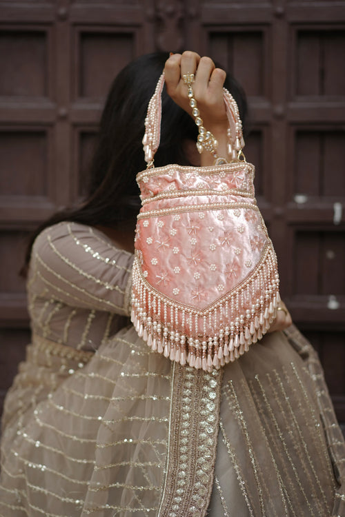 Blush Pink Pearl Velvet Potli Bag