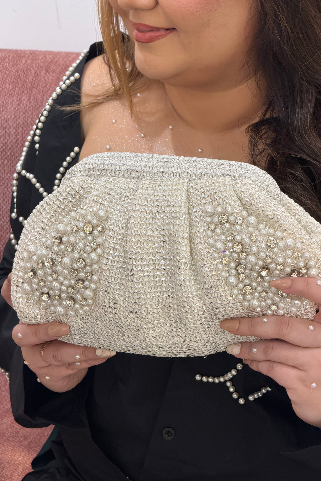 Ivory White Pearl Petal Beaded Clutch