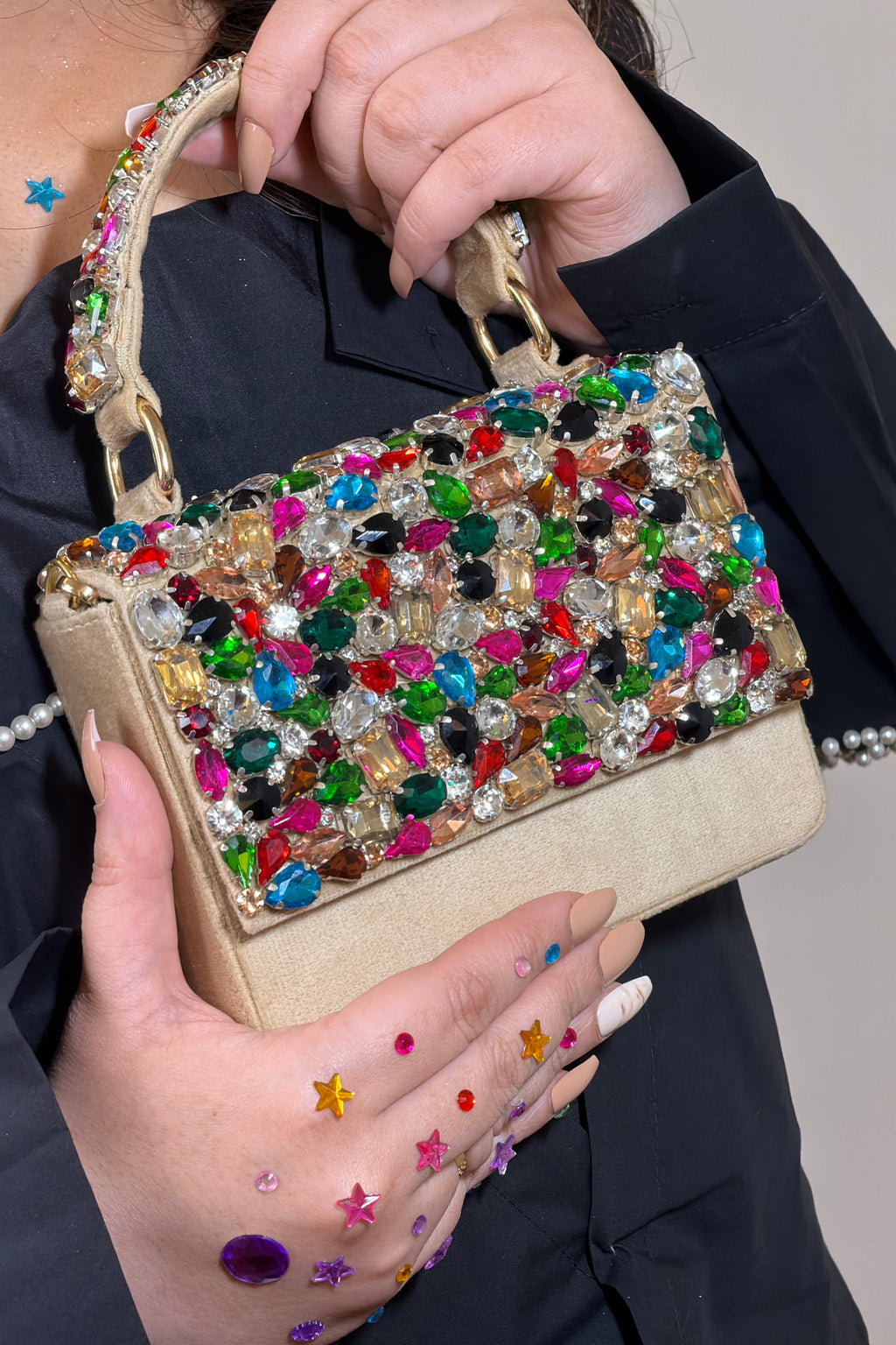 Kylie Beige Crystal Suede Clutch