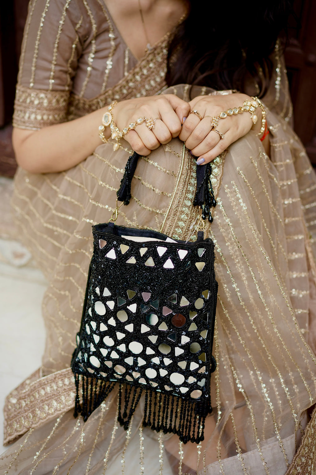 Black Mirror Fringe Potli Bag