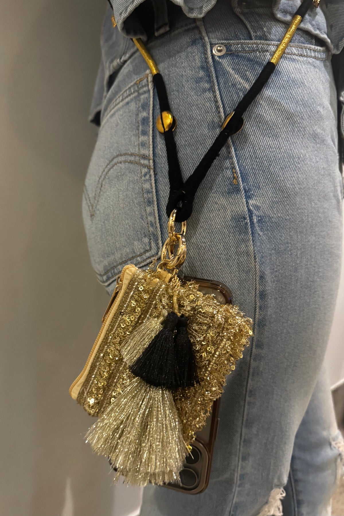Luxe Tassel Black and Gold Phone Pouch+Sling