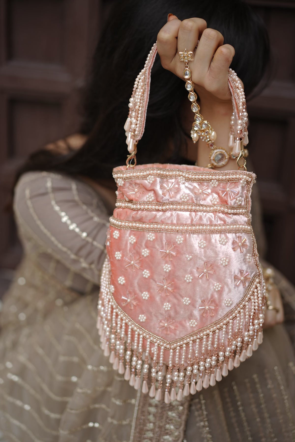 Blush Pink Pearl Velvet Potli Bag