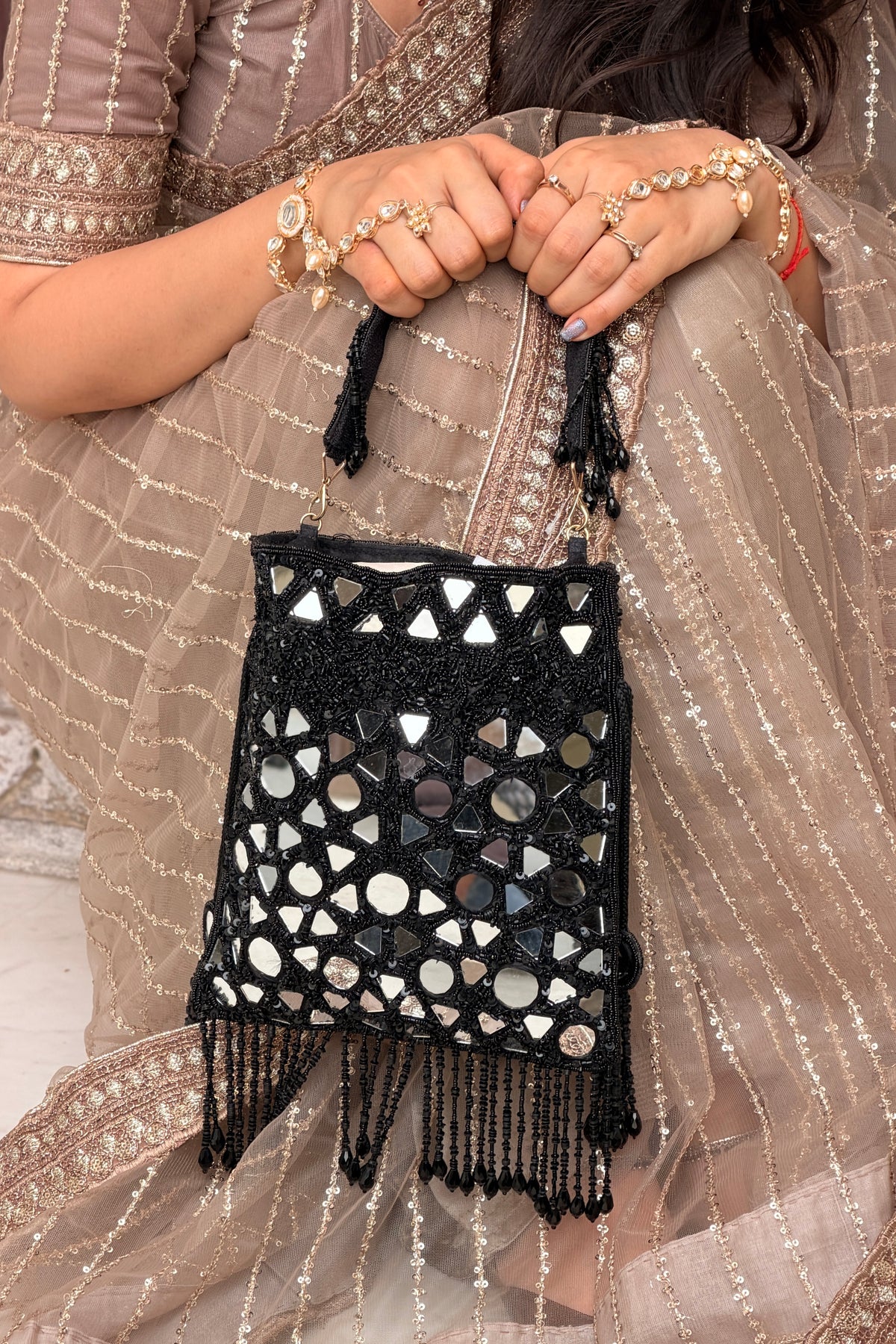 Black Mirror Fringe Potli Bag