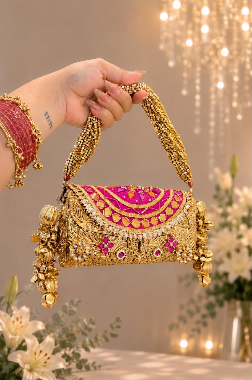 Gulnaar Metal Trunk Potli Clutch, Pink
