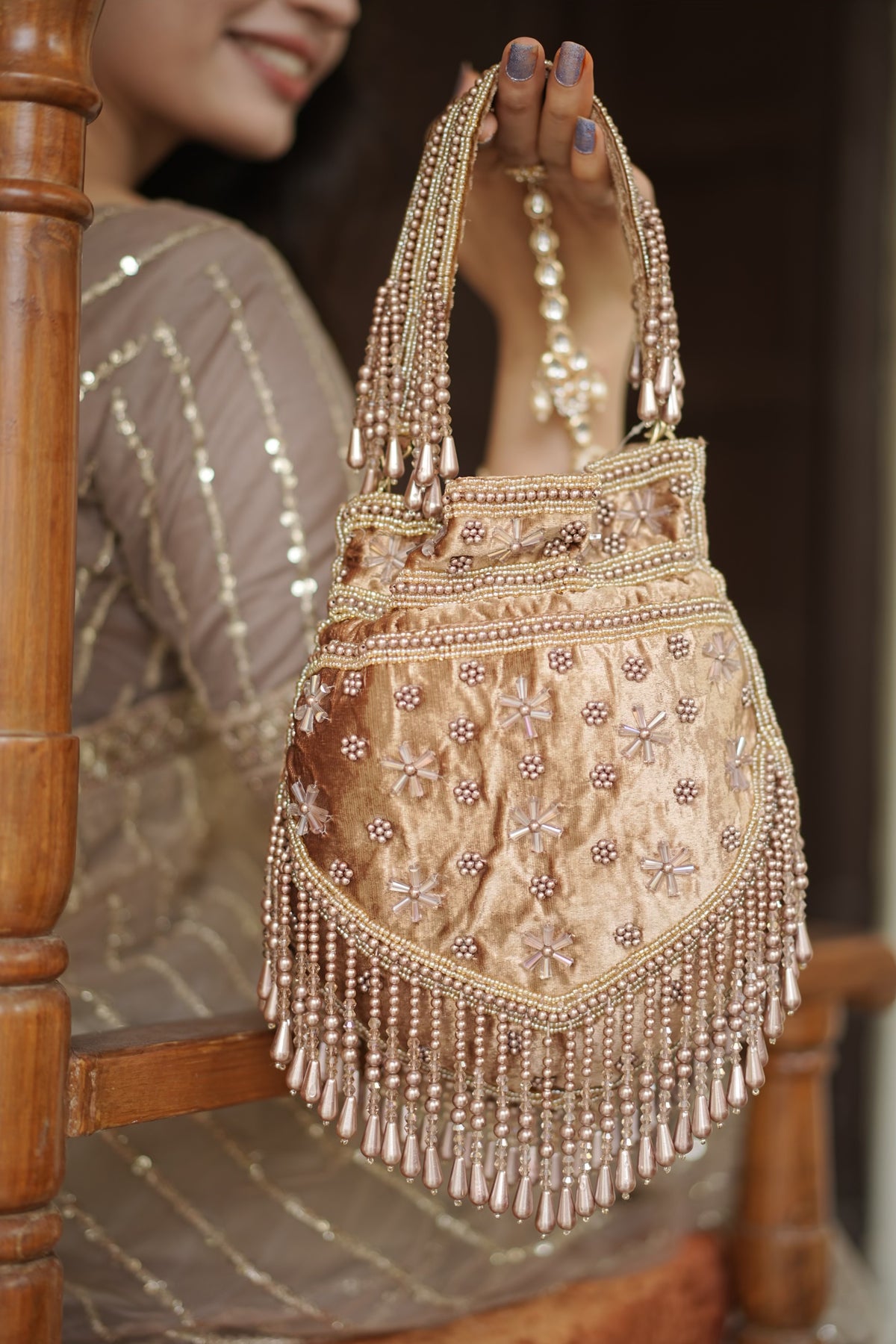 Champagne Pearl Velvet Potli Bag