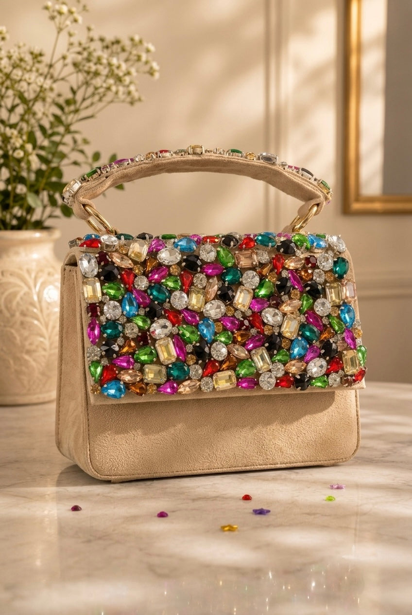 Kylie Beige Crystal Suede Clutch