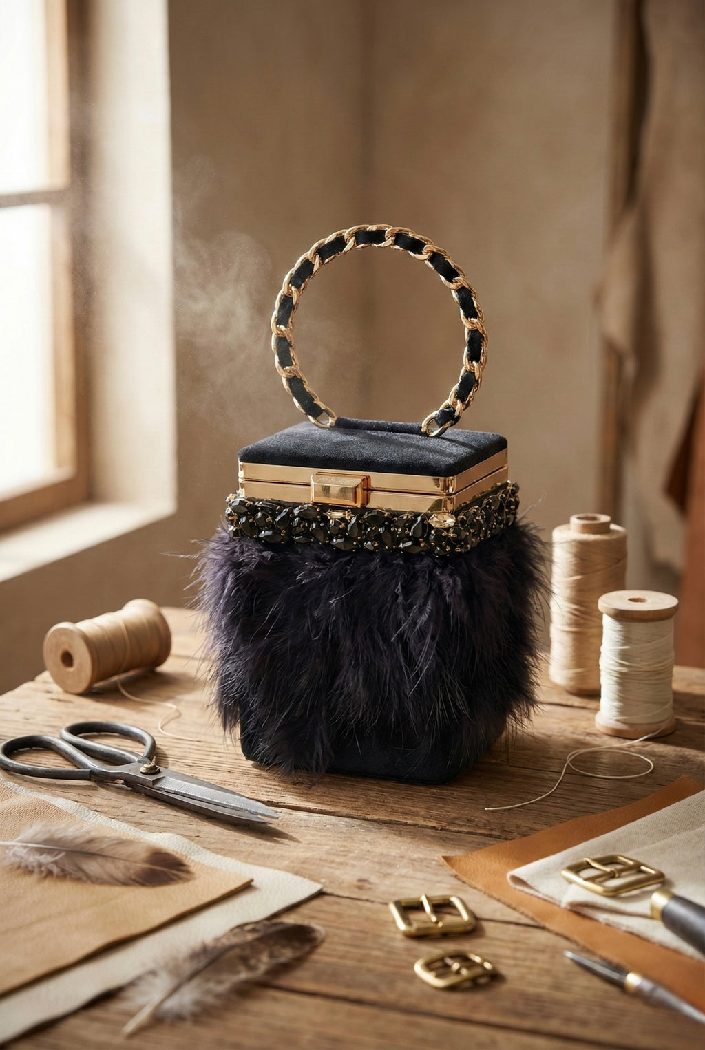 Phoenix Plume Feather Box Bag, Midnight Black