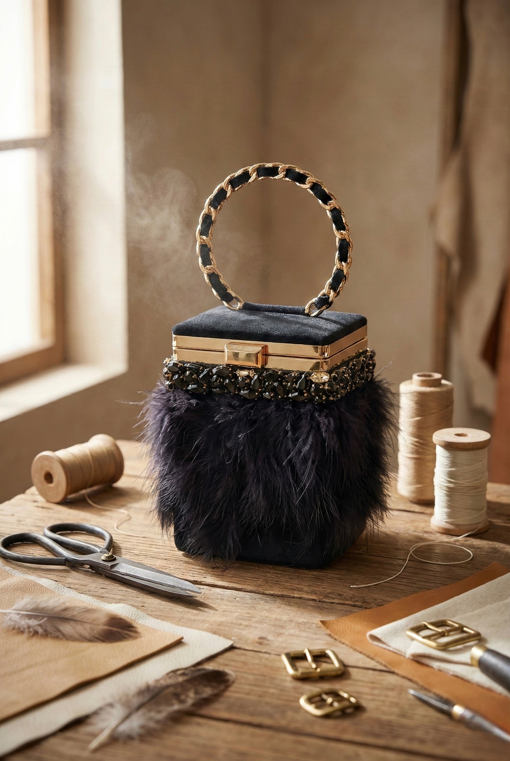 Phoenix Plume Feather Box Bag, Midnight Black