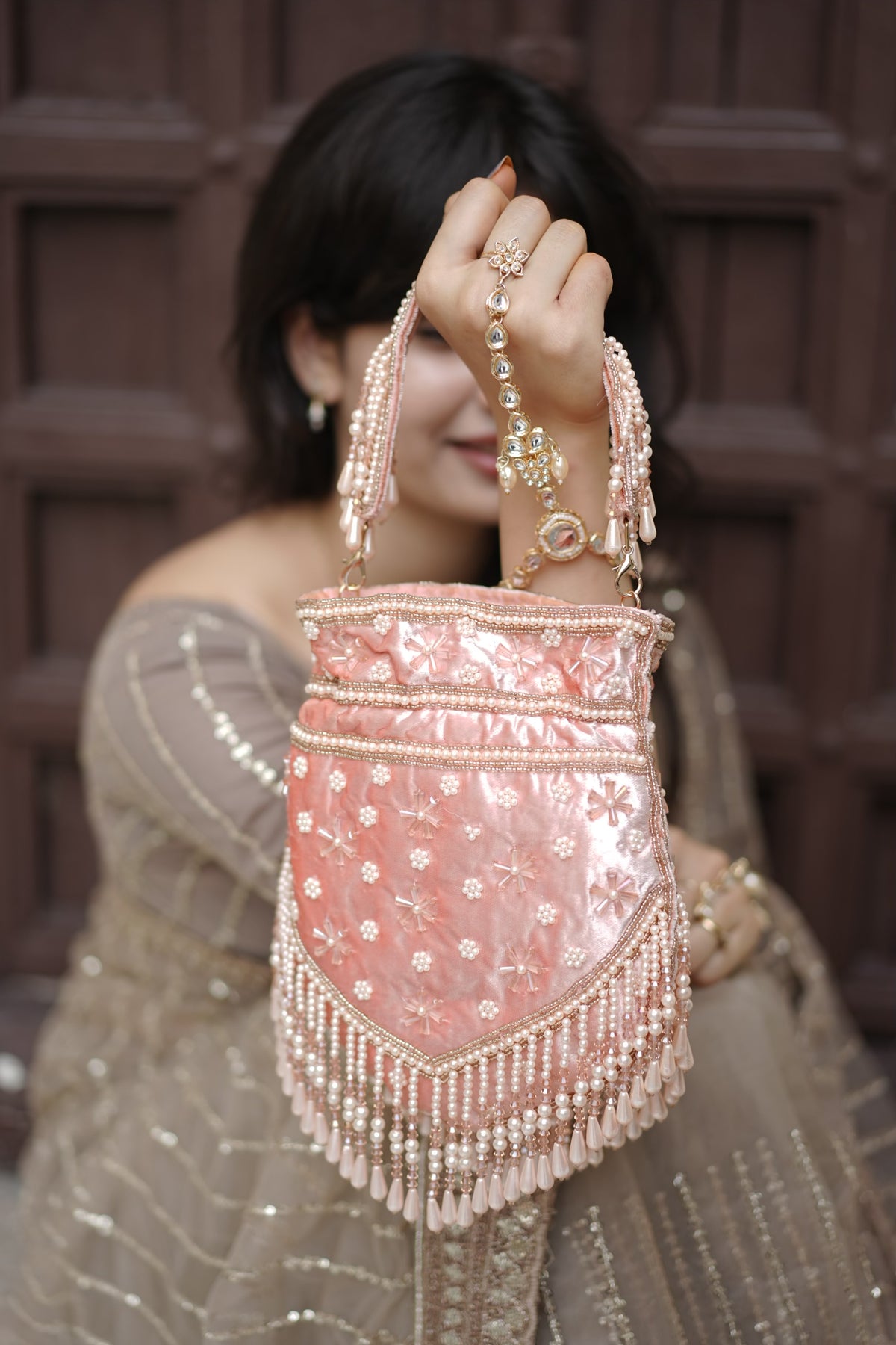 Blush Pink Pearl Velvet Potli Bag