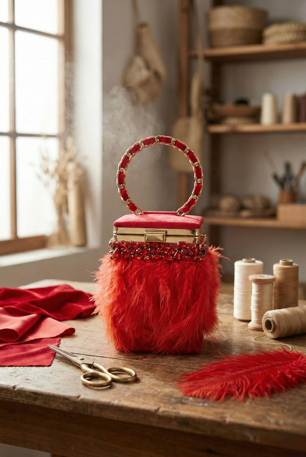 Phoenix Plume Feather Box Bag, Scarlet Red