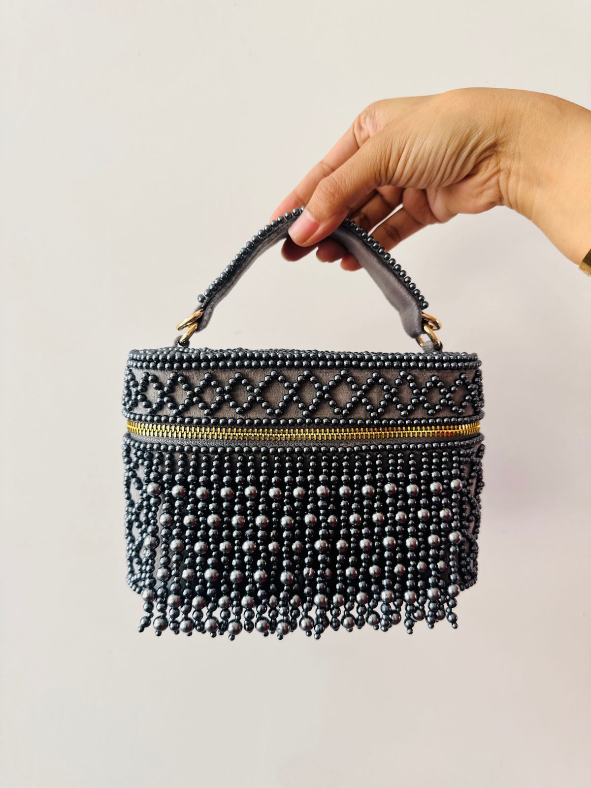 Pearl Fringe Vanity Bag, Graphite Grey