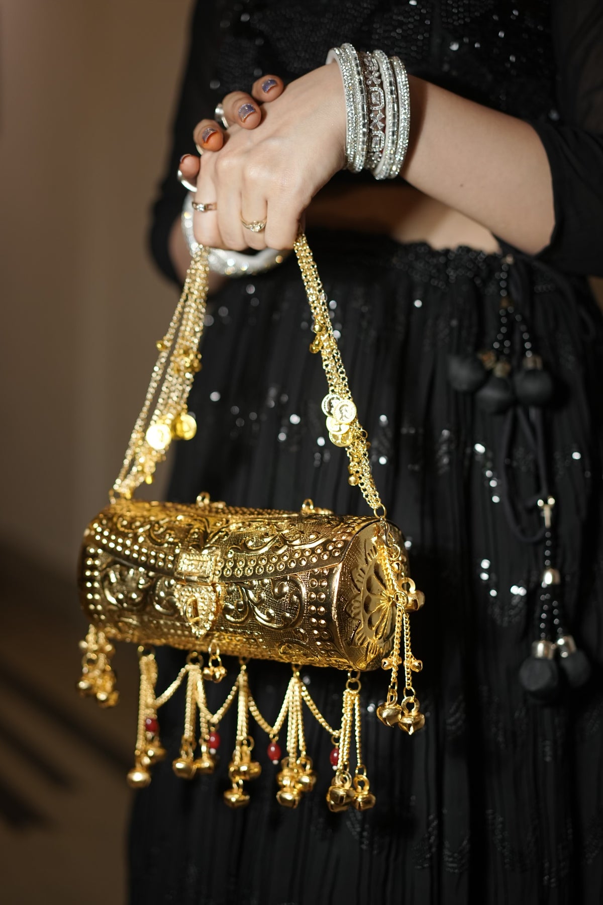Aarohi Antique Gold Metal Trunk Clutch