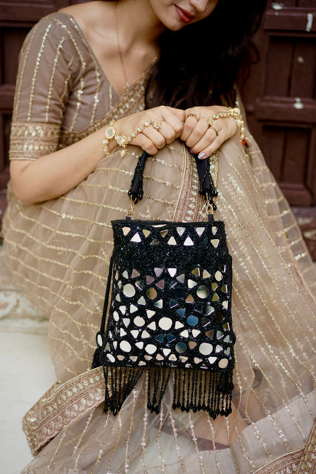 Black Mirror Fringe Potli Bag