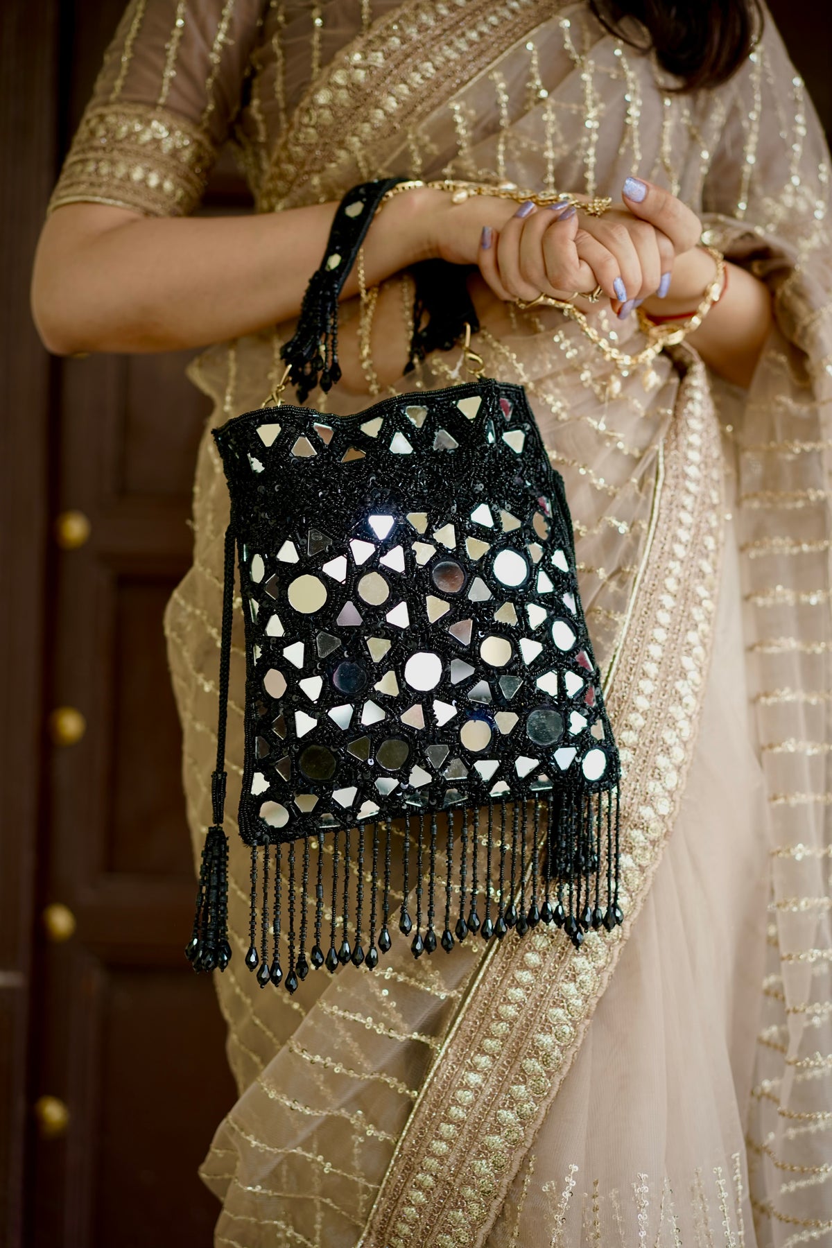 Black Mirror Fringe Potli Bag