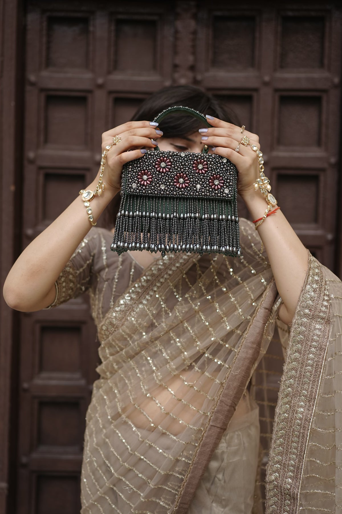 Emerald Bloom Pearls Beaded Bag