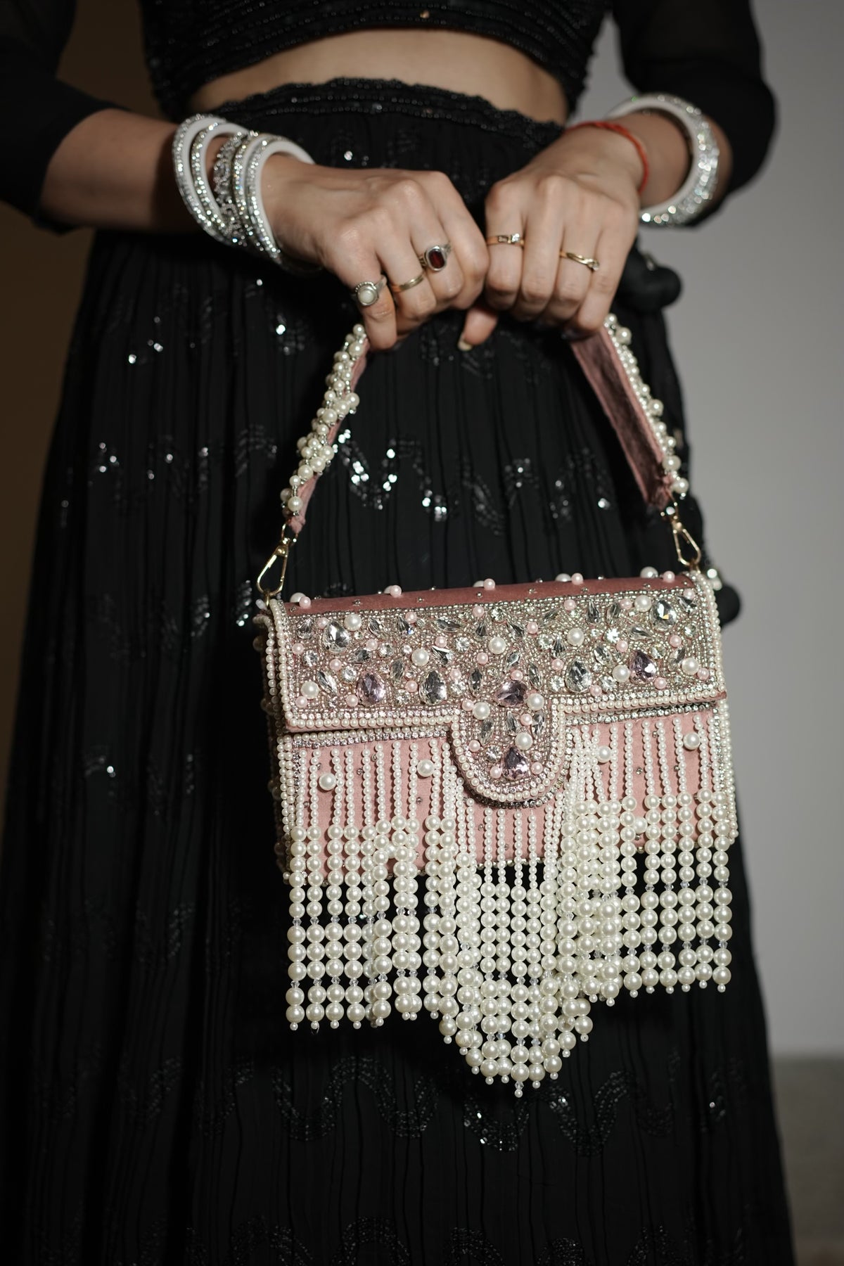 Dusty Rose Pink Pearl Velvet Cascade Bag