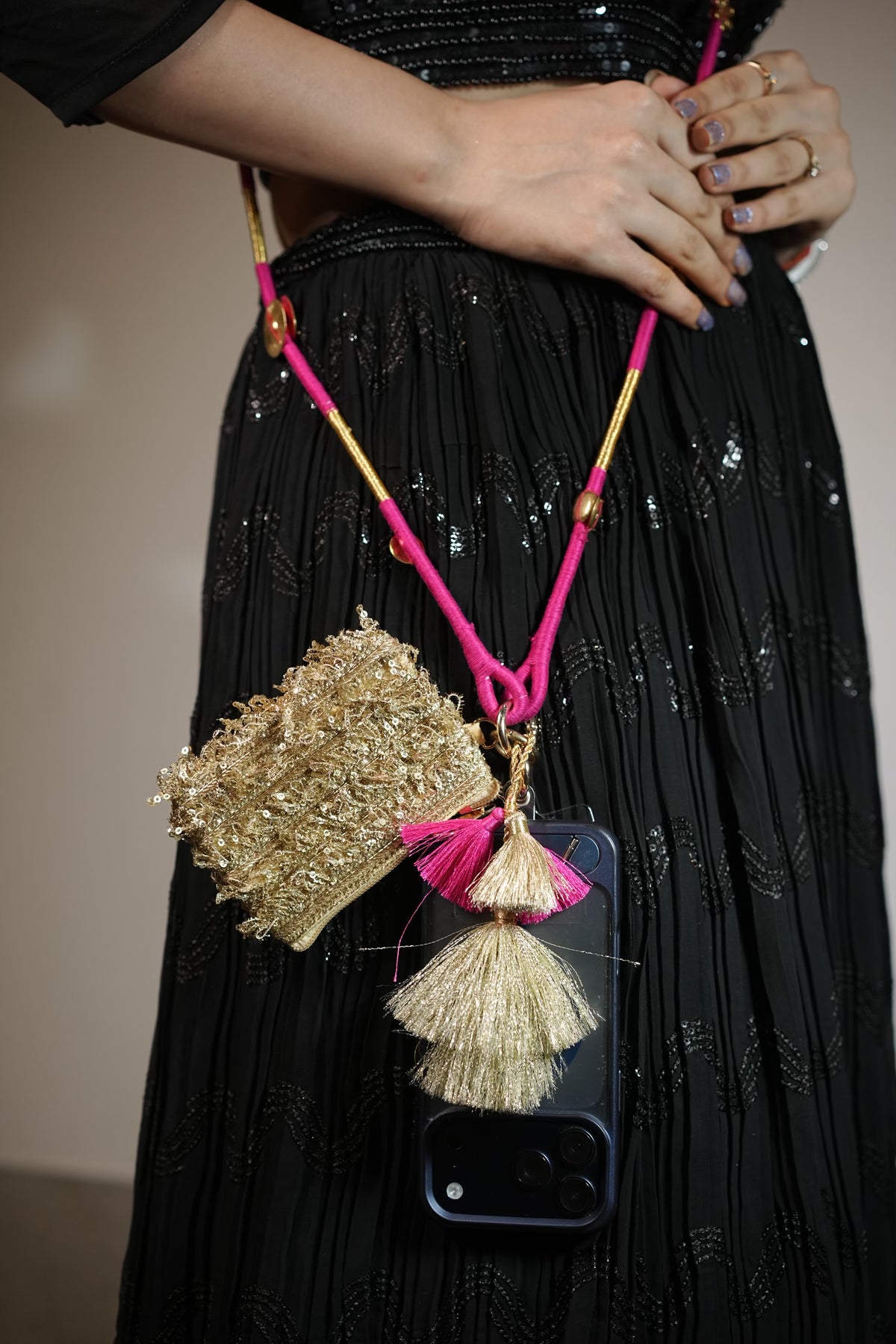Luxe Tassel Pink and Gold Phone Pouch+Sling