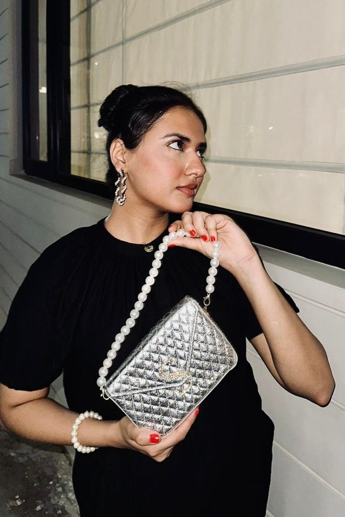 Pearl Luxe Silver Quilted Sling Bag