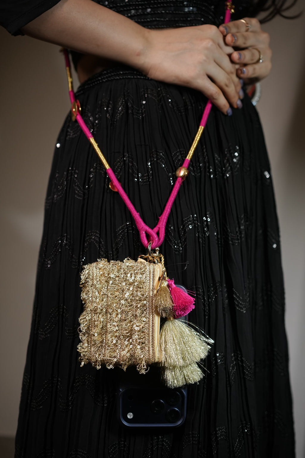 Luxe Tassel Pink and Gold Phone Pouch+Sling