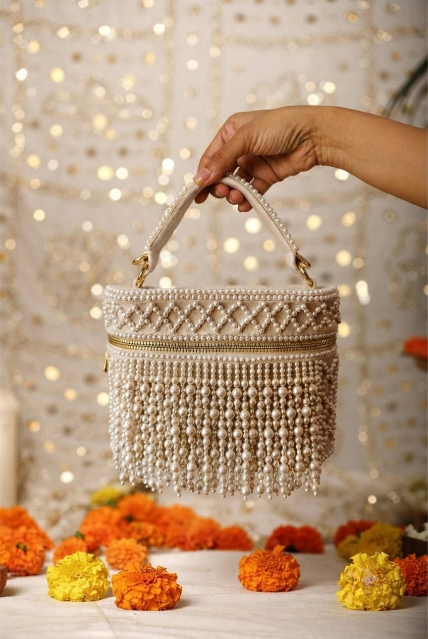 Pearl Fringe Vanity Bag, Ivory Pearl