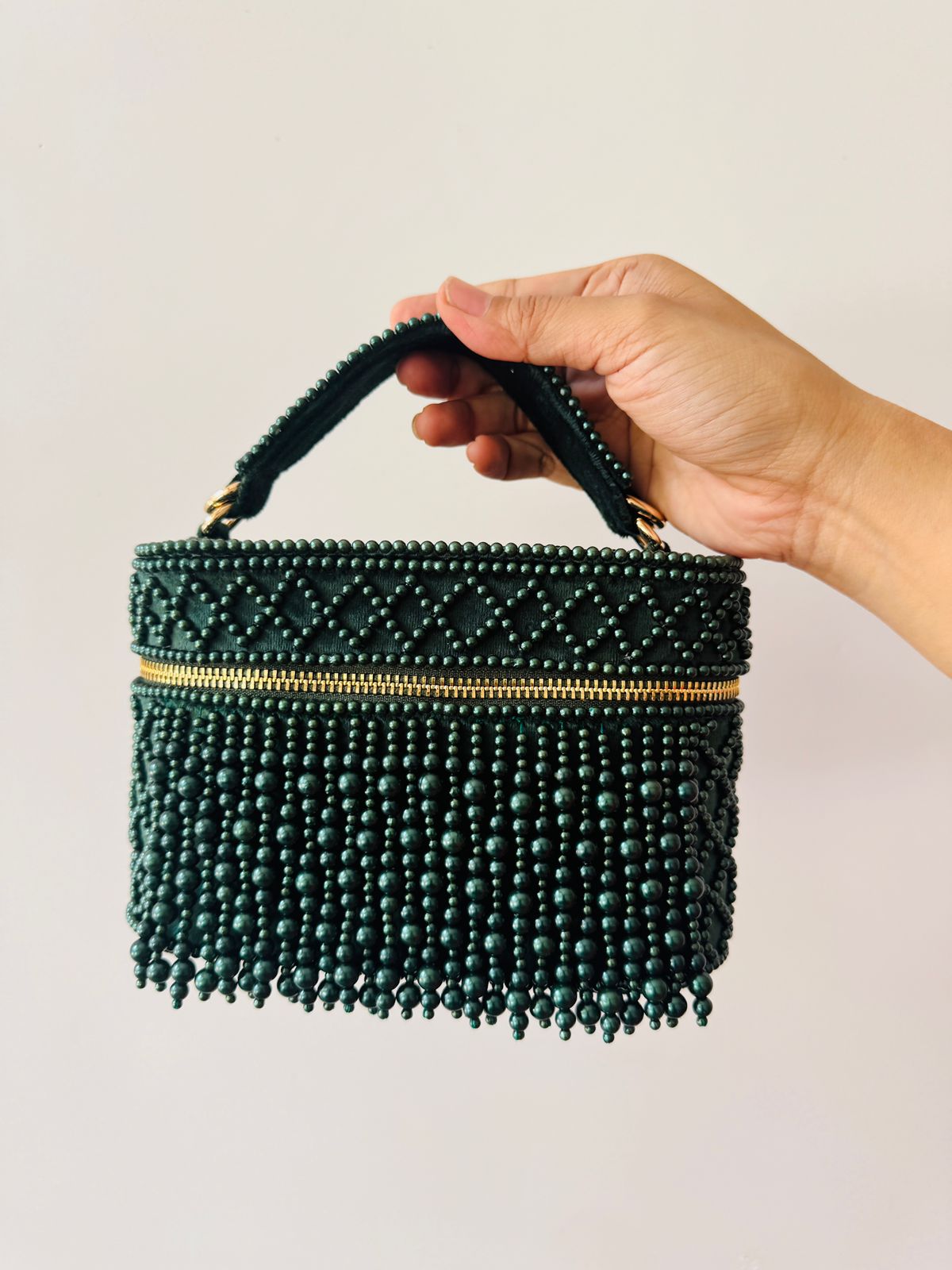 Pearl Fringe Vanity Bag, Emerald Green