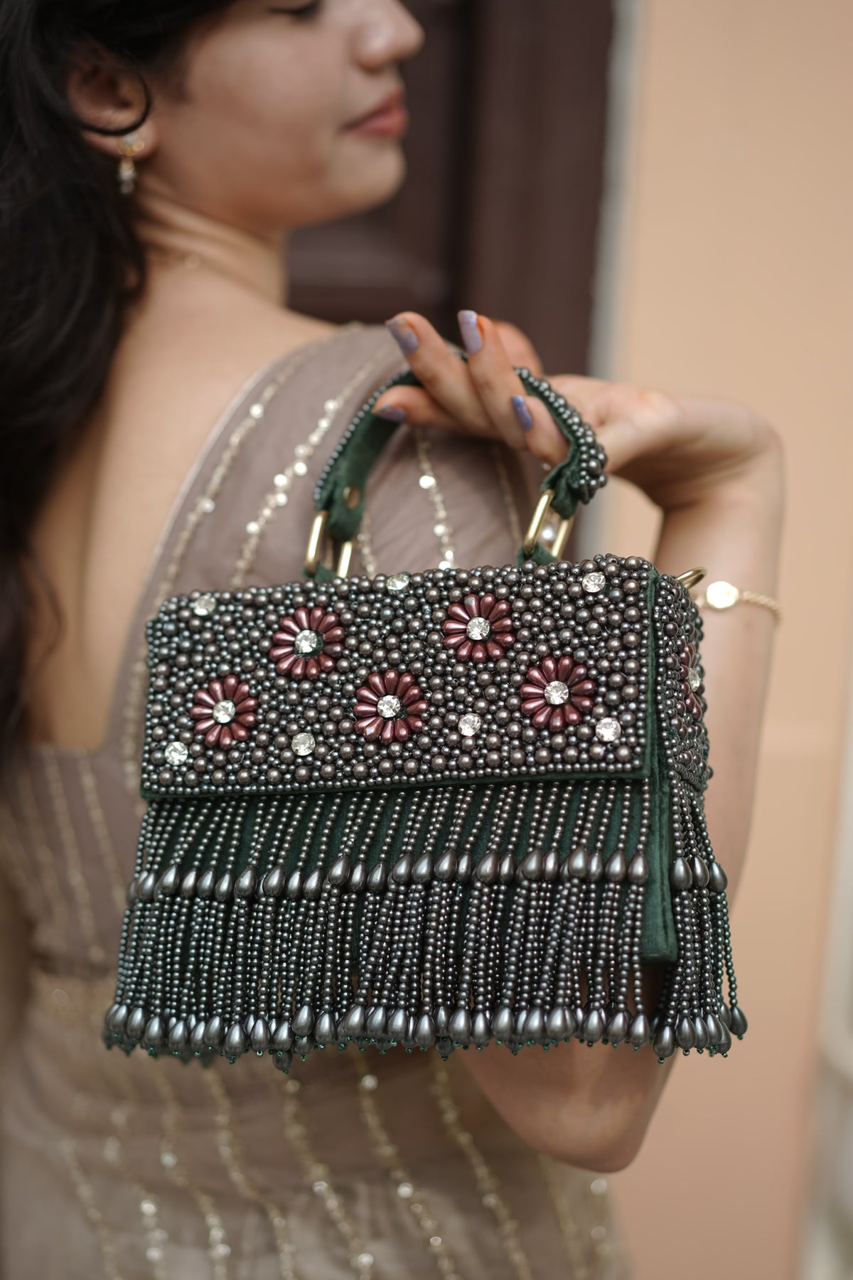 Emerald Bloom Pearls Beaded Bag