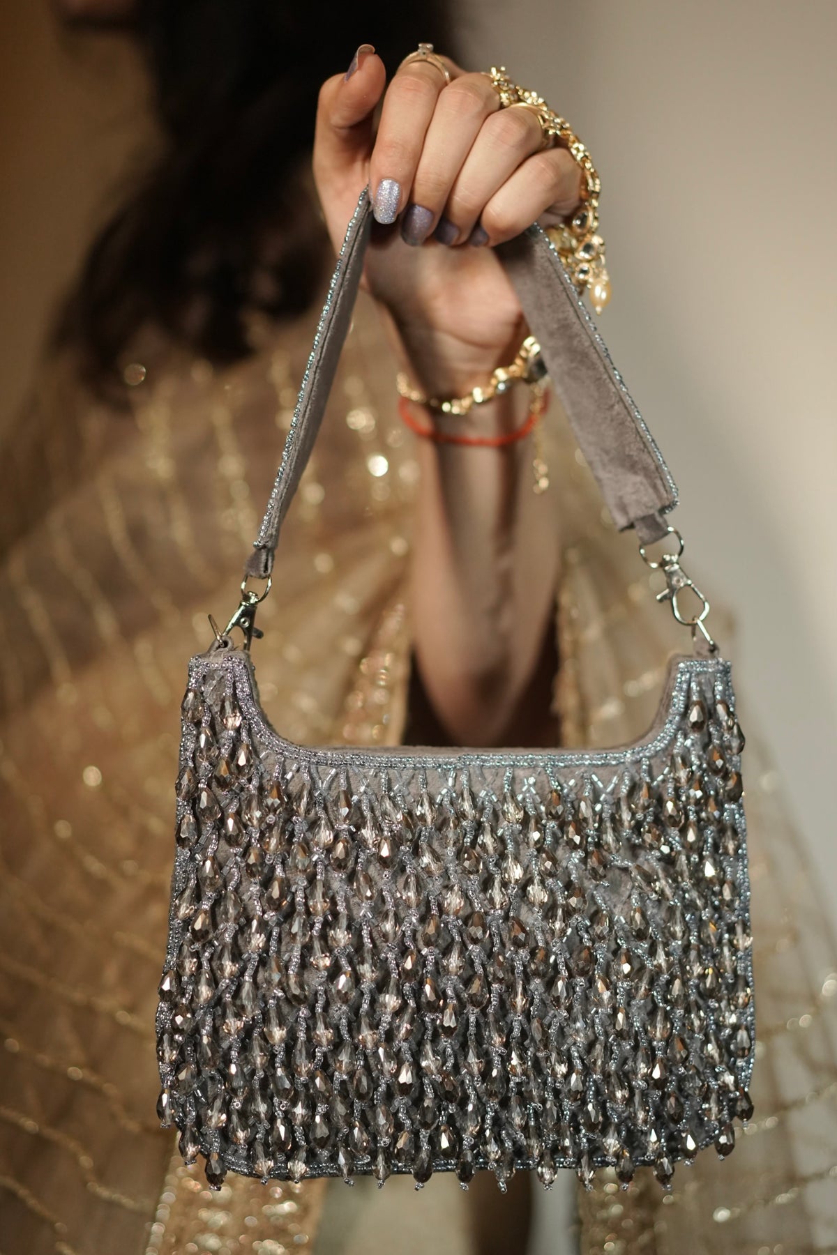Noor Grey Crystal Fringe Shoulder Bag