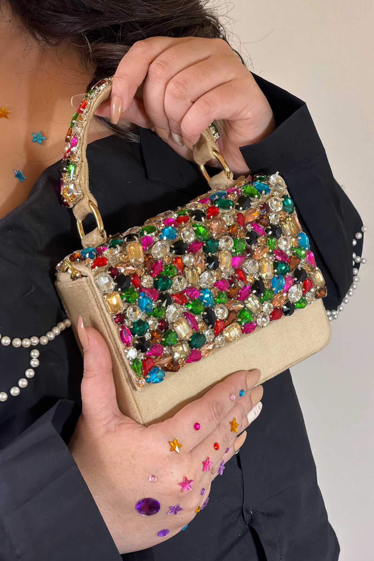 Kylie Beige Crystal Suede Clutch