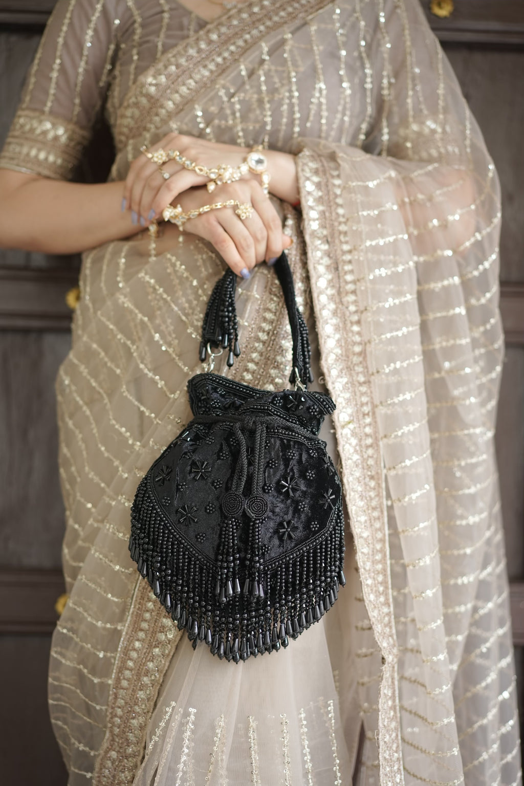 Midnight Black Pearl Velvet Potli Bag